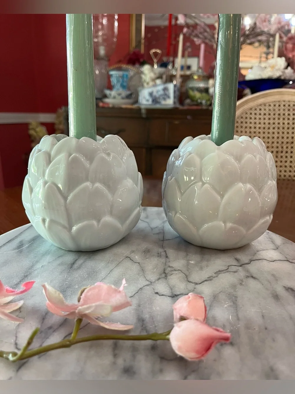 Pair Celadon Green Ceramic Artichoke Taper Candle Holders & Candles -VTG Style